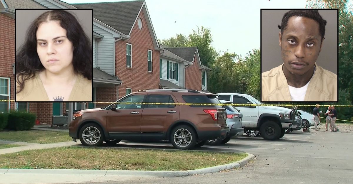 Background: News footage of the apartment complex in Columbus, Ohio where Cartier Smith fatally shot himself on Sept. 22 (WBNS). Insets (left to right): Carley Dials and Sean Perrin (Franklin County Sheriff
