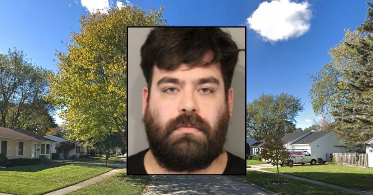 Inset: Cody Romano (Buffalo Grove Police Department). Background: The 200 block of Forest Place in Bufalo Grove, Ill., where Cody Romano allegedly tried to suffocate his wife with a pillow (Google Maps).