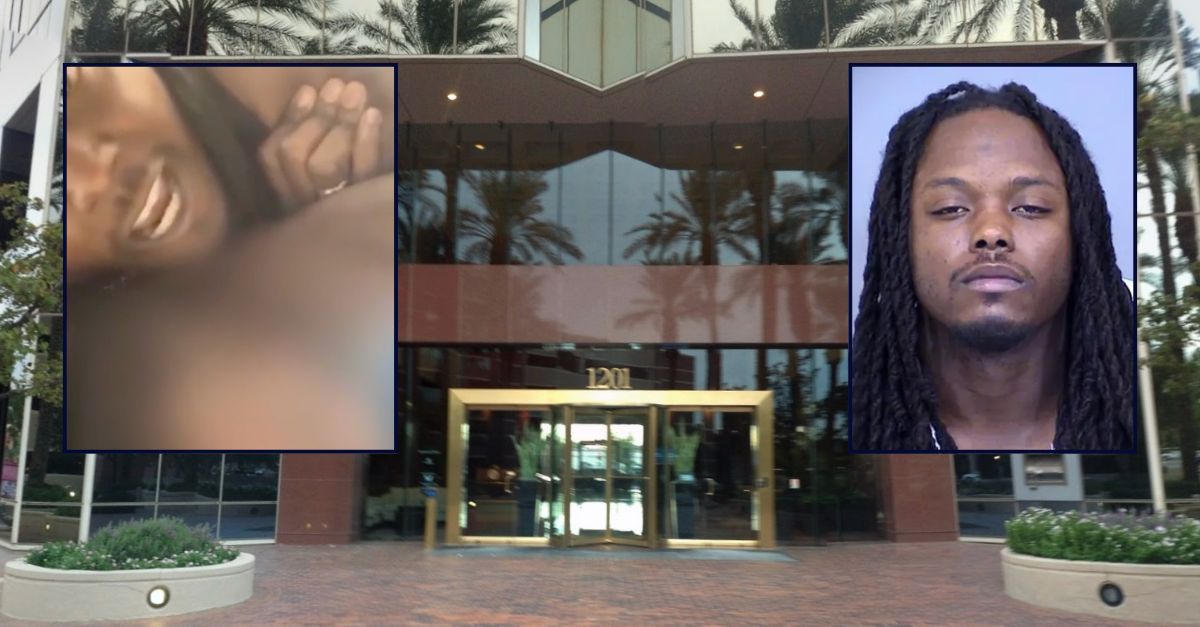 Inset left to right: Deandre Terrell Johnson is seen choking a state employee and in a booking photo. In the background is the office building where the incident occurred.