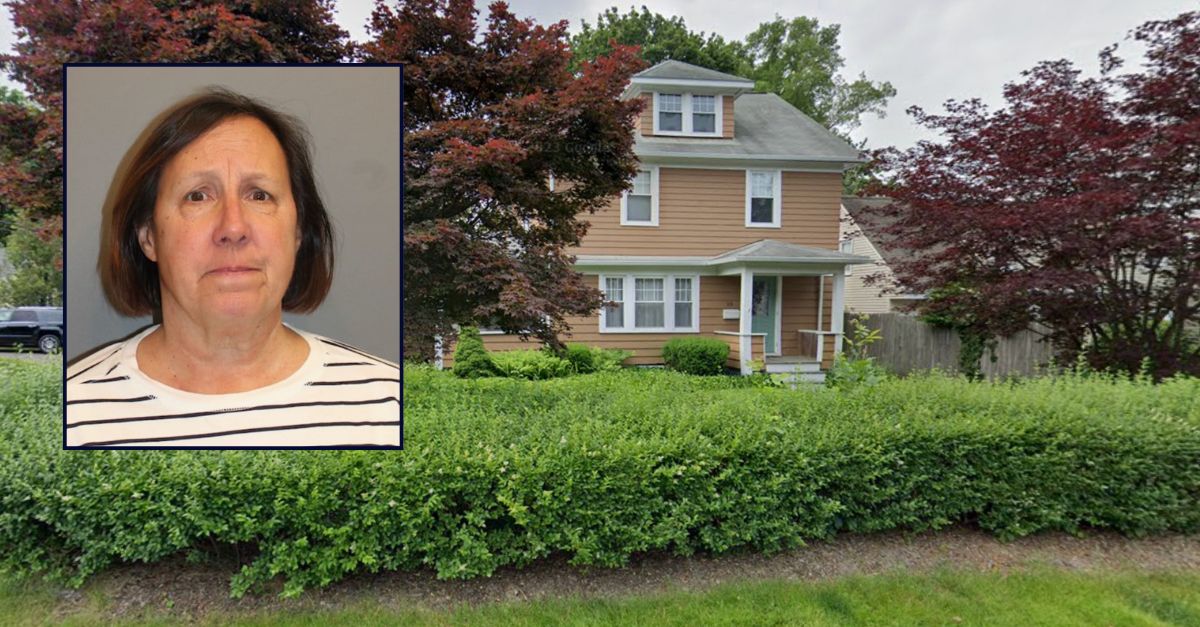 Ellen Wink appears inset against an image of the house where she shot and killed her tenant.