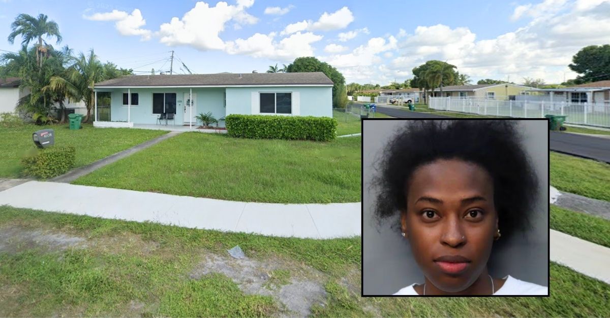 Inset: Jahniya Meda (Miami Dade Corrections & Rehabilitation Center). Background: The Miami Gardens home where Jahniya Meda allegedly shot a woman on Saturday, Sept. 20, 2025 (Google Maps).
