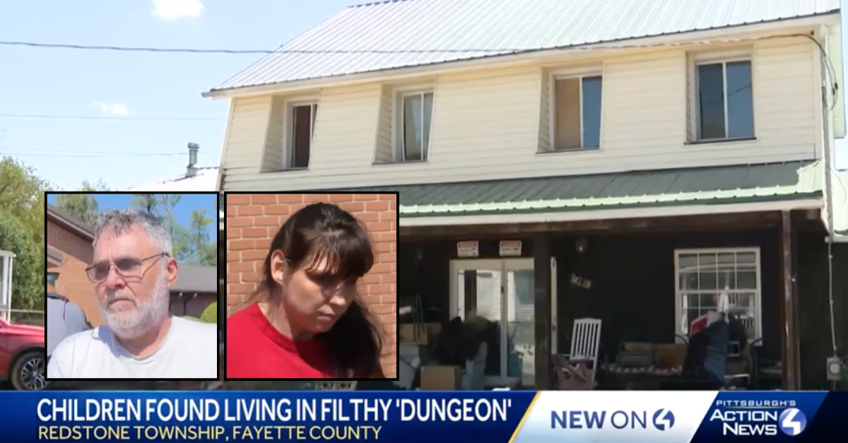 Left inset: James Kahl (WPKD/YouTube). Right inset: Carly Kahl (WTAE/YouTube). Background: The Pennsylvania home where James Kahl and Carly Kahl allegedly kept their children in "dungeon"-like conditions (WTAE/YouTube).