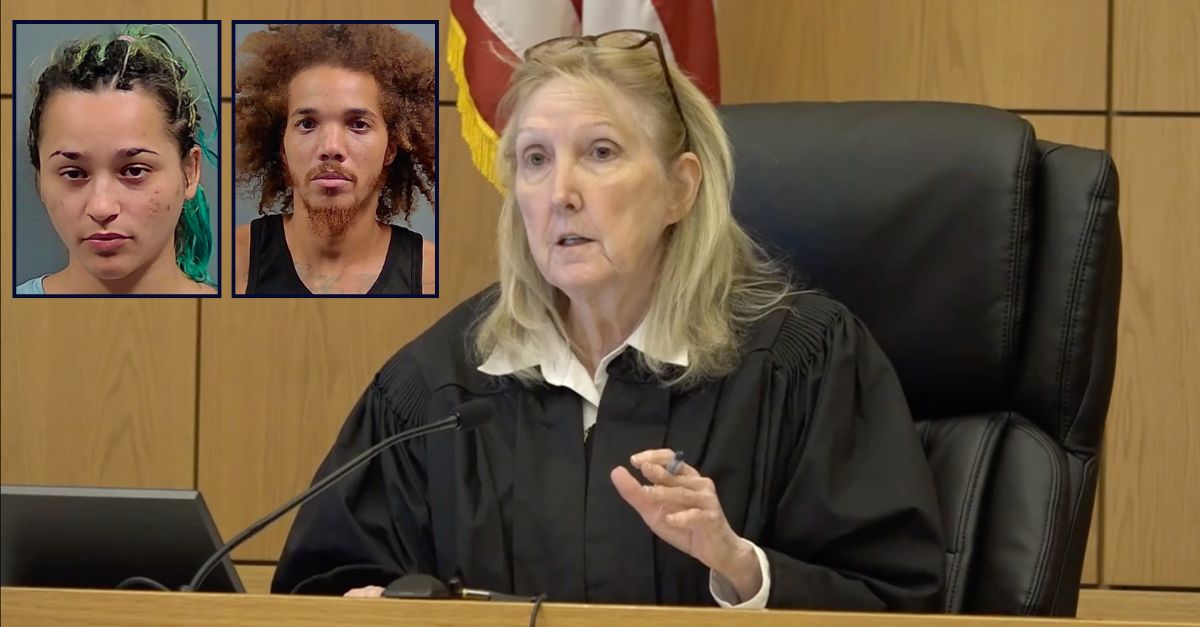 Natalie Fonseca and Nafis Reynolds appear in booking photos inset against an image of the judge who sentenced them for attempted murder and other crimes.