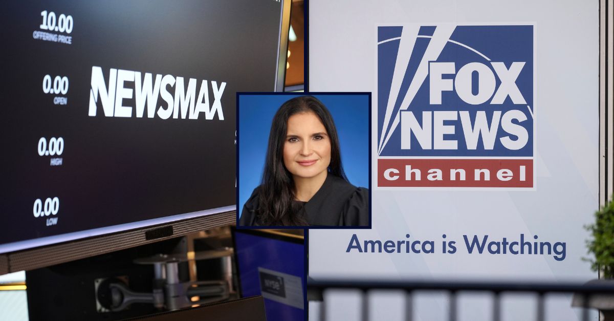 Inset: Judge Aileen Cannon (U.S. District Court for the Southern District of Florida). Background, left to right: A display shows a Newsmax logo on the day of their IPO on the floor at the New York Stock Exchange in New York, March 31, 2025. (AP Photo/Seth Wenig) and The Fox News logo is displayed outside Fox News Headquarters in New York, April 12, 2023 (AP Photo/Yuki Iwamura).