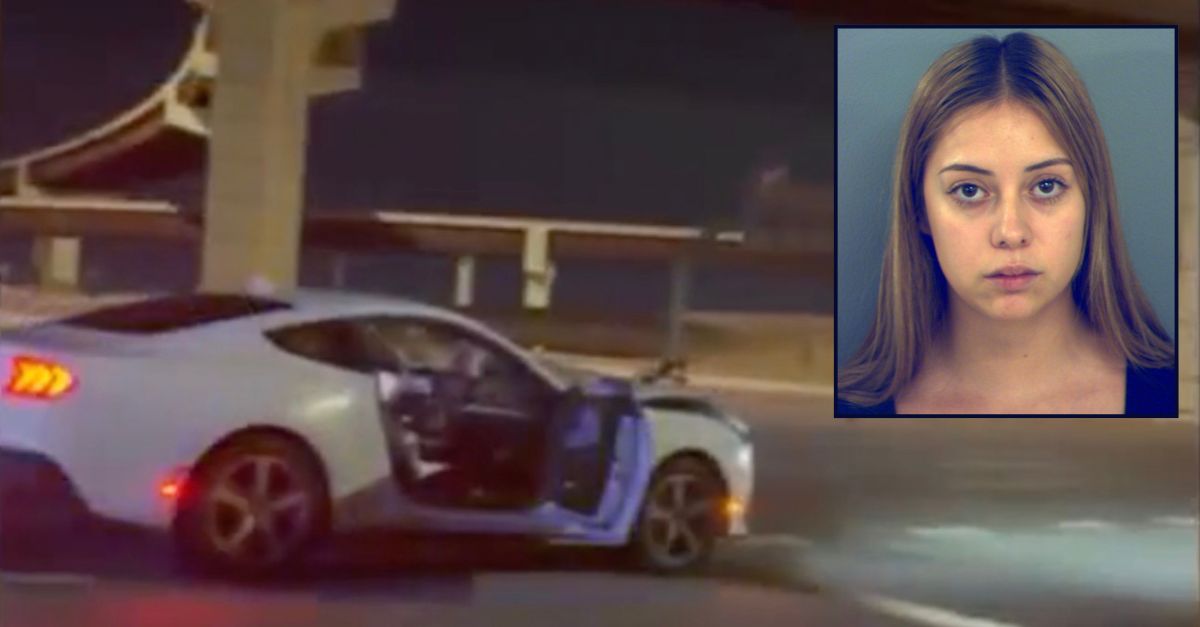 Inset: Marissa Arlene Dominguez (El Paso County Detention Center). Background: The Mustang Dominguez was driving when she allegedly struck and killed a motorcyclist last month (KTSM).