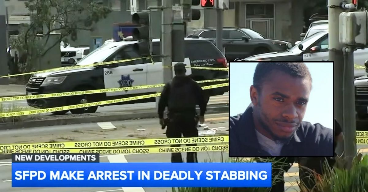 Inset: Robert Byrd II (GoFundMe). Background: The scene after Robert Byrd II was stabbed to death near Commodore Sloat Elementary School in San Francisco, Calif., last Wednesday, Sept. 10, 2025 (KGO/YouTube).
