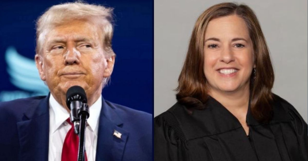 Left: Donald Trump speaks at the annual Road to Majority conference in Washington, DC, in June 2024 (Allison Bailey/NurPhoto via AP). Right: U.S. District Judge Mary S. McElroy (District of Rhode Island).