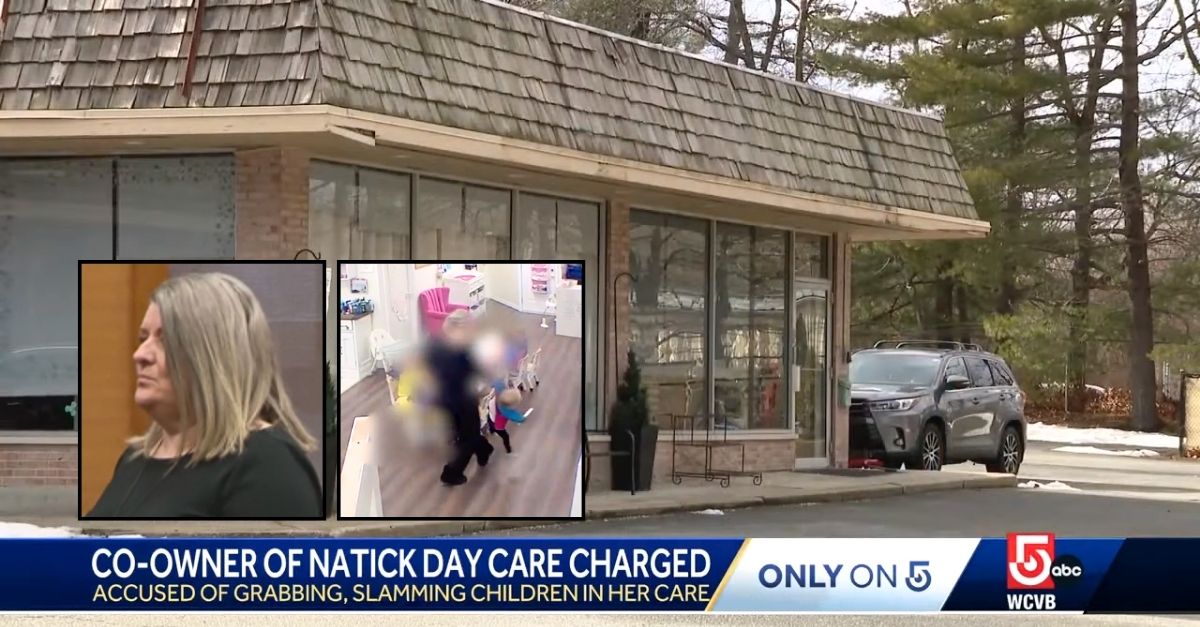 Left inset: Sandra Downer in court for assaulting two young children who were in her care. Right inset: Sandra Downer grabbing a 17-month-old girl by one arm and lifting her off the ground. Background: The Lad & Lassie Nursey and Preschool where Sandra Downer carried out her assaults on young children in her care (WCVB/YouTube).
