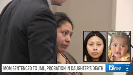 Left inset: Angelica Arechiga (Grand Rapids Police Department). Right inset: Julieta Magdelena (Ofield Funeral Home). Background: Angelica Arechiga in court on Wednesday, Oct. 29, 2025, for her sentencing (WZZM/YouTube).