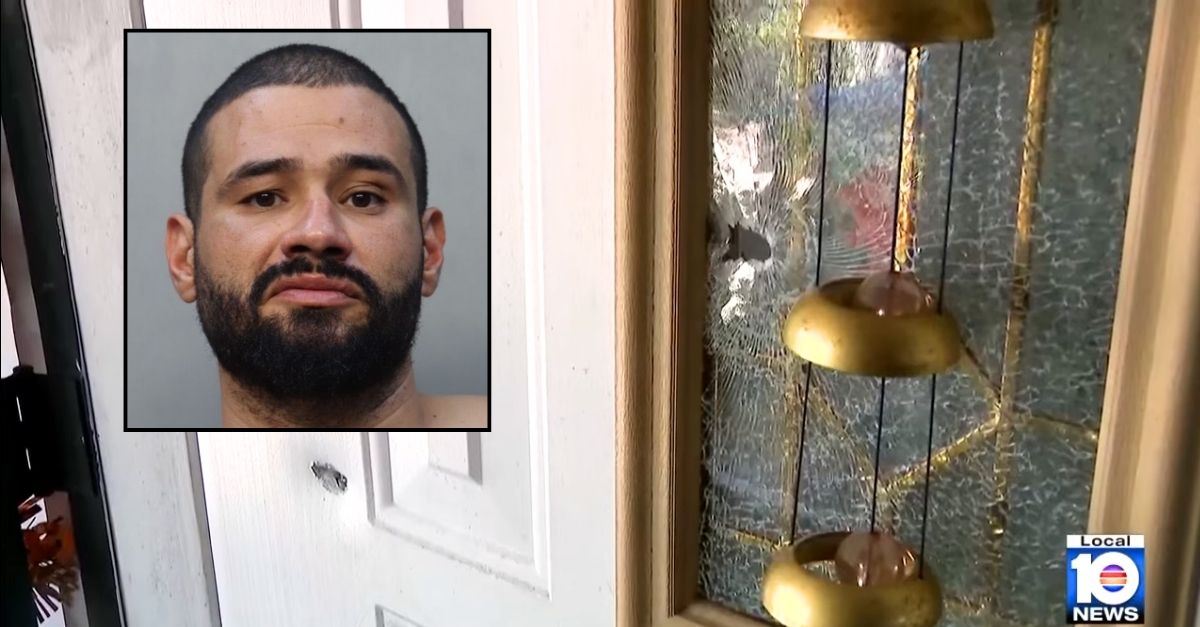 Inset: Angelo Perez (Miami Dade Corrections & Rehabilitation Center). Background: The front door of the home where a 75-year-old woman celebrating her birthday was allegedly shot by Angelo Garcia (WPLG/YouTube).