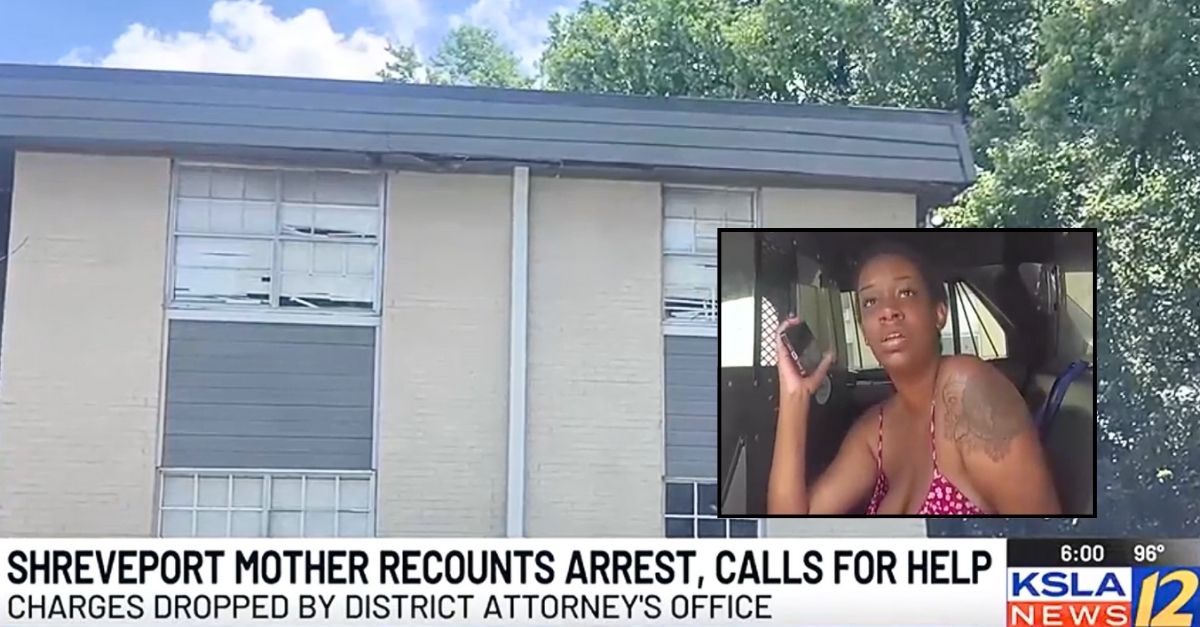 Inset: Cavinitri White being arrested on June 5 in Shreveport, La., for "unlivable conditions" and child neglect, a charge that was later dropped (KSLA/YouTube). Background: The apartment building where Cavinitri White was staying and putting in pest control requests, which allegedly fell on deaf ears (KSLA/YouTube).