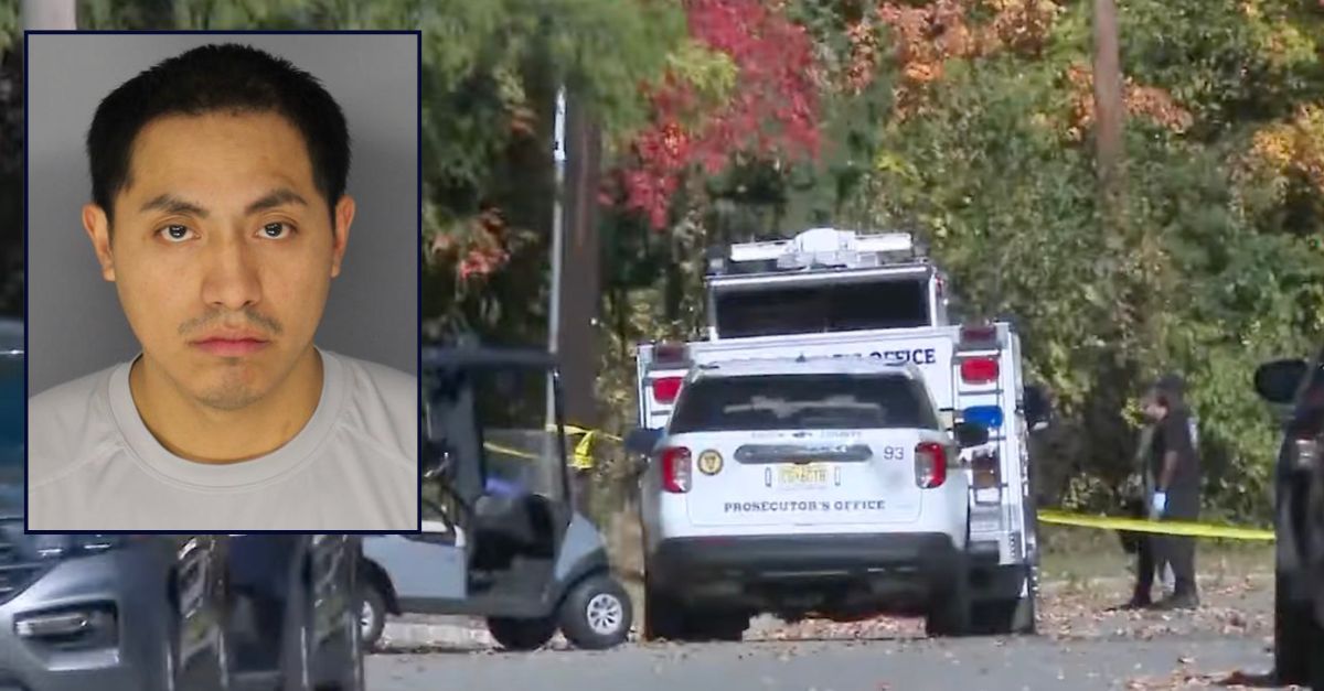 Inset: Andres F. Calvachi-Paz (Essex County Prosecutor's Office). Background: Authorities at the Cedar Hill Country Club in New Jersey, where Calvachi-Paz allegedly dumped his girlfriend's body (WPIX).