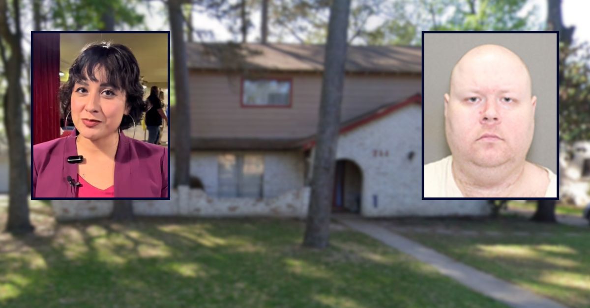 Inset left to right: Natalia Cornelio and Ronald Haskell; inset against the residence where Haskell murdered six members of a family in Texas.