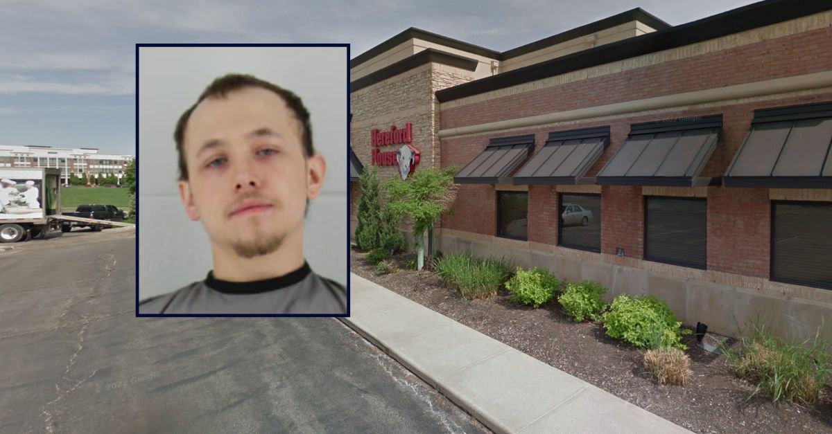 Jace Hanson appears in a booking photo inset against an image of the restaurant he once worked at in Kansas.
