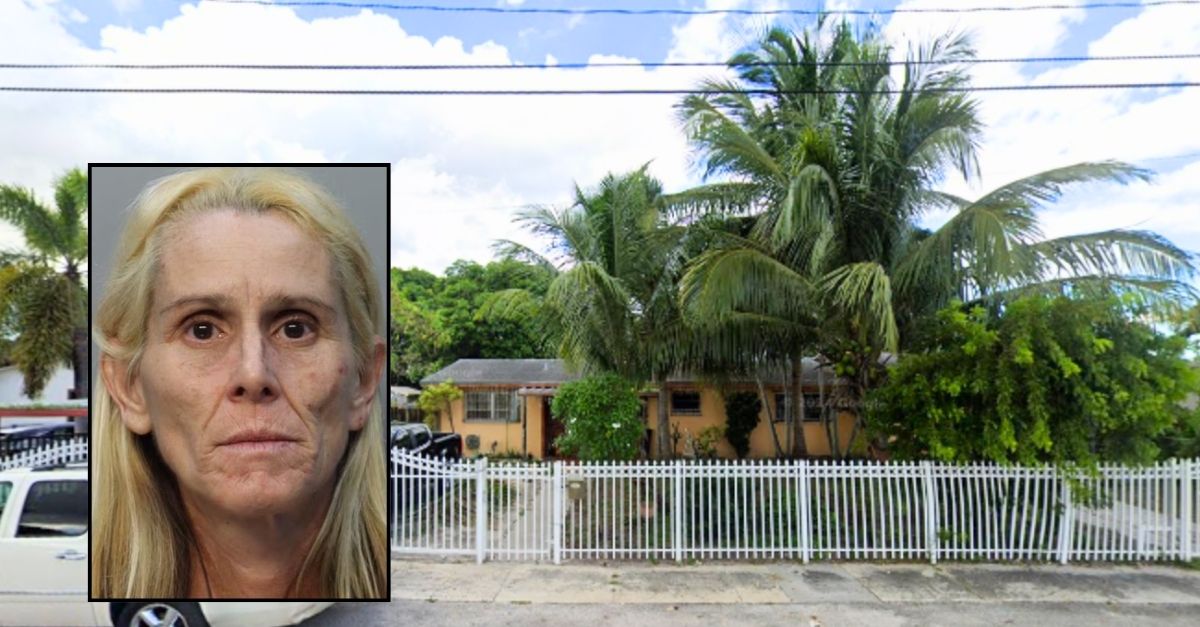 Inset: Janet Edwards (Miami Dade Corrections & Rehabilitation Center). Background: The Florida home where Janet Edwards allegedly locked up her 77-year-old mother and neglected her (Google Maps).