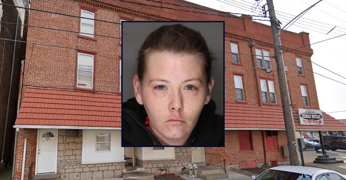 Katelynn Kearney appears in a booking photo inset against the apartment complex where she allegedly killed her boyfriend in Pennsylvania. 