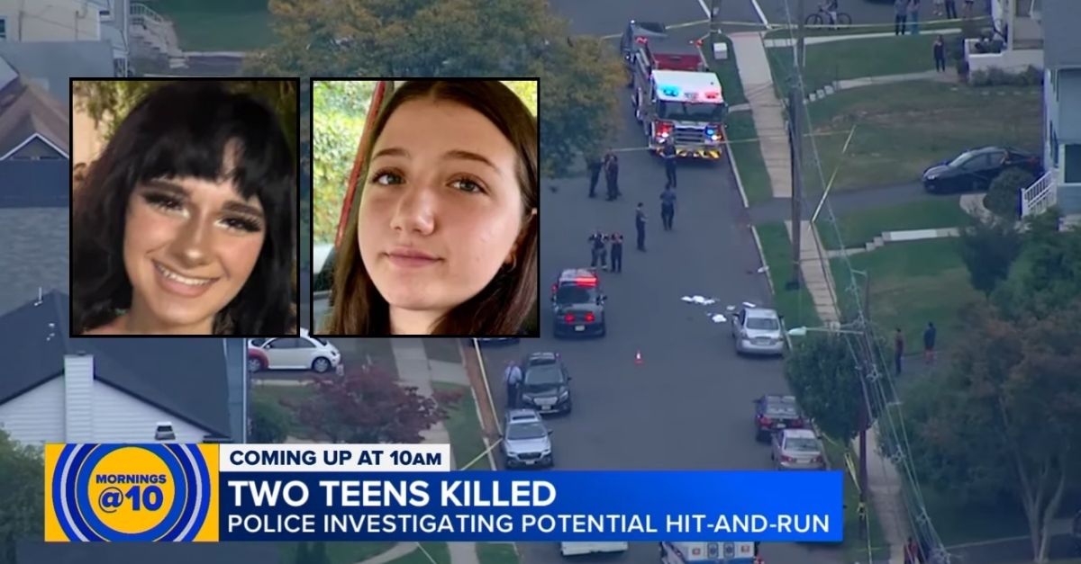 Insets: Maria Niotis and Isabella Salas (GoFundMe). Background: The area where Maria Niotis and Isabella Salas were fatally struck and killed on Monday, Sept. 29, 2025, in New Jersey (WABC/YouTube).