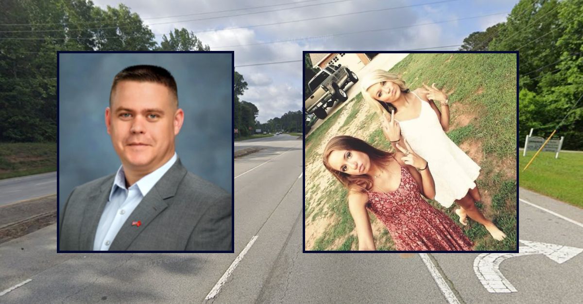 A.J. Scott, inset left; Isabella Chinchilla and Kylie Lindsey, inset right; against an image of the roadway near where the two girls were killed in a fatal car crash in Georgia.