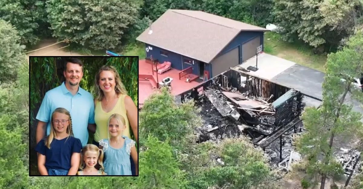 Inset: Stephen Kuehl, his wife Stella Kuehl and their three children (GoFundMe). Background: The Airbnb rental property in Juneau County, Wisc., where Stephen Kuehl