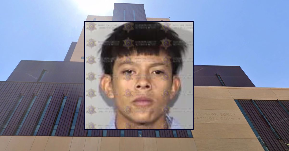 Troy Aguilar-Olmos (Maricopa County Sheriff's Office). Background: The Maricopa County Superior Courthouse (Google Maps).