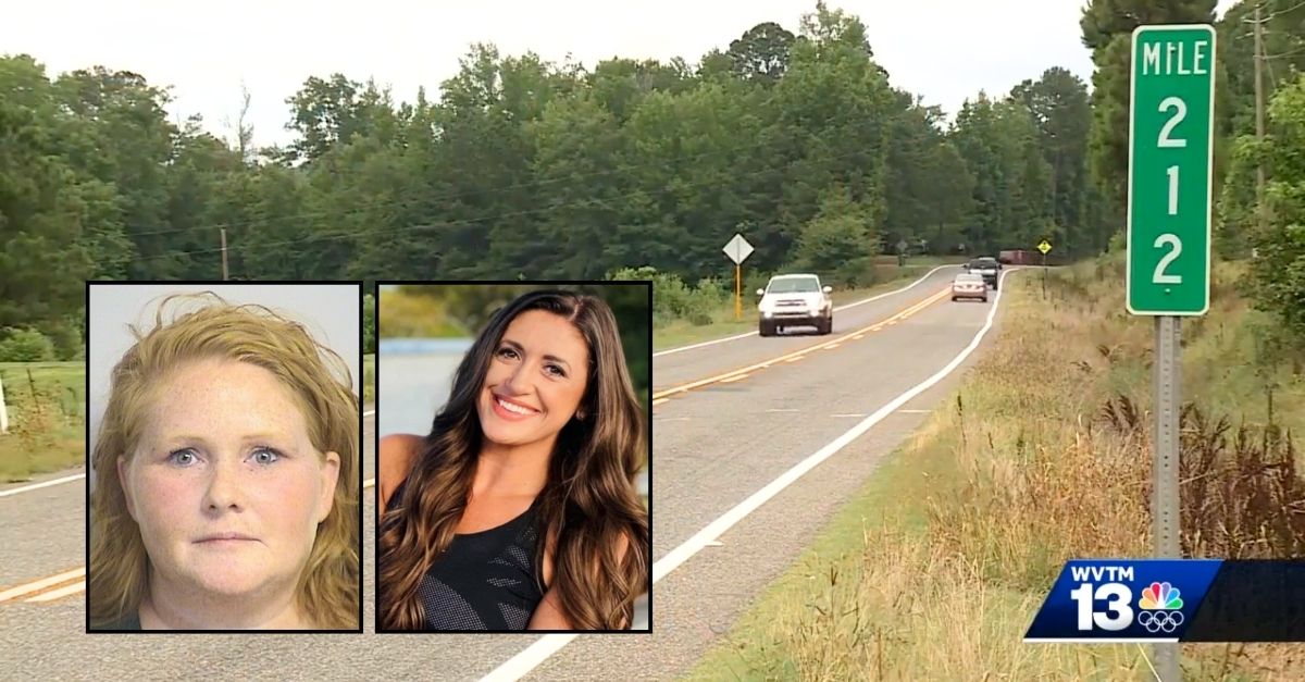 Left inset: Anna Dalrymple (Tuscaloosa County Sheriff's Office). Right inset: Audra Rogers (Dignity Memorial). Background: The area of Highway 43 in Tuscaloosa County, Ala., where Anna Dalrymple killed pregnant mother Audra Rogers and sent her four children to the hospital (WVTM/YouTube).