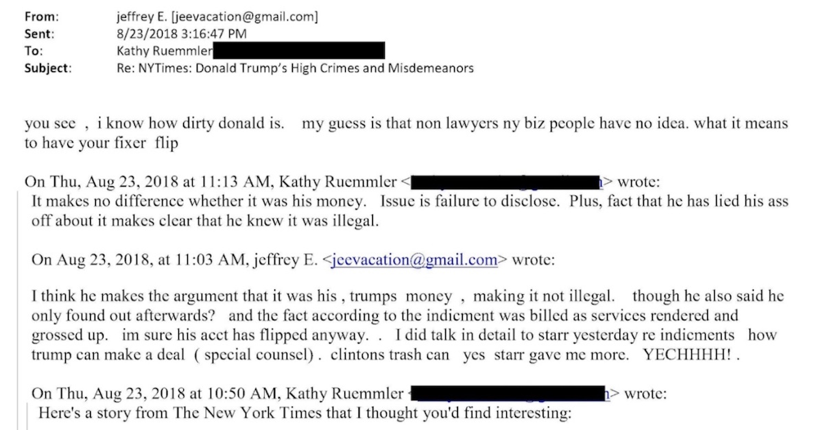 A 2018 email exchange between Epstein and Kathy Ruemmler 