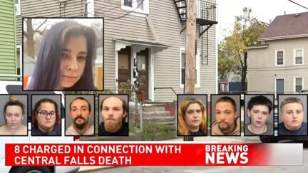 Top inset: Erica Bader (Quinn Funeral Home). Bottom insets, left to right: Cheryl Blakely, Stephanie Bletzer, Joshua Brunelle, Andrew Cornell, Elizabeth Durand, Christopher Kordalewski, Joanne Miller, Brittney Terpenin (Central Falls Police Department). Background: The home in Rhode Island where Erica Bader was allegedly murdered (WJAR/YouTube).