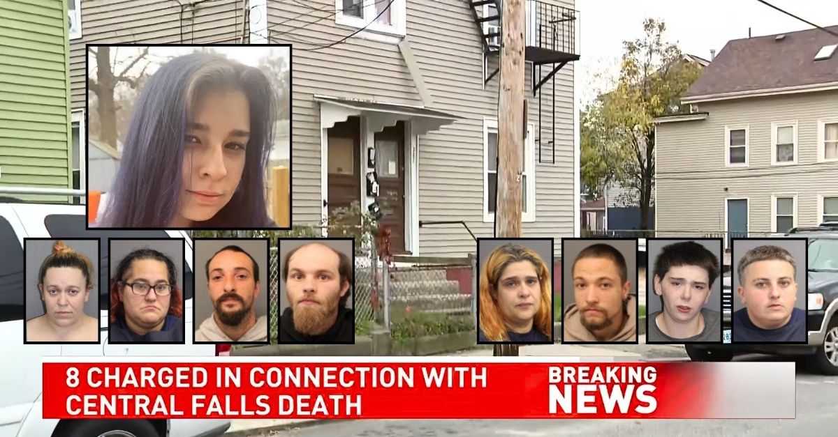 Top inset: Erica Bader (Quinn Funeral Home). Bottom insets, left to right: Cheryl Blakely, Stephanie Bletzer, Joshua Brunelle, Andrew Cornell, Elizabeth Durand, Christopher Kordalewski, Joanne Miller, Brittney Terpenin (Central Falls Police Department). Background: The home in Rhode Island where Erica Bader was allegedly murdered (WJAR/YouTube).