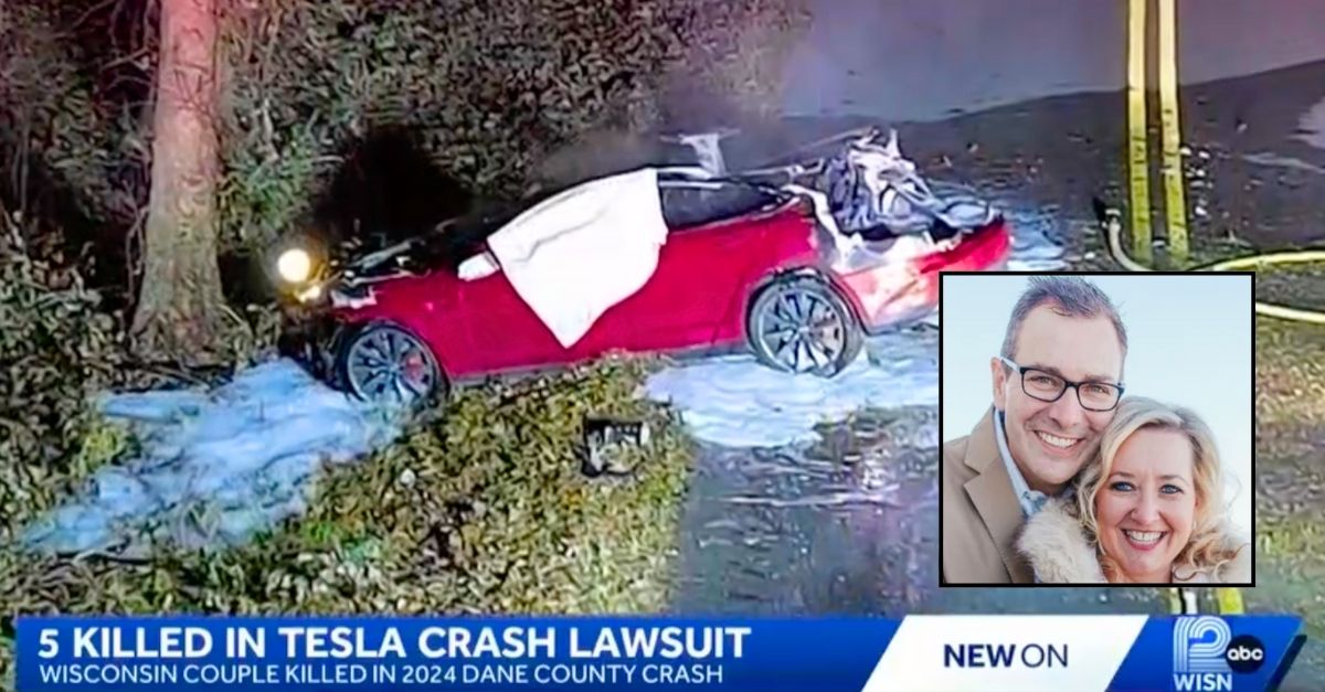 Inset: Jeffrey Bauer and Michelle Bauer (GoFundMe). Background: The crash scene in Verona, Wis., after Jeffrey Bauer and Michelle Bauer struck a tree with their Tesla Model S and died (WISN/YouTube).