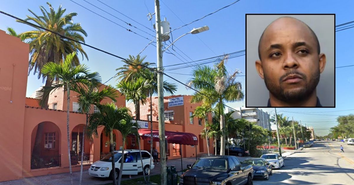Inset: Jorge Felix Larrea Diaz (Miami Dade Corrections & Rehabilitation Center). Background: The Barlington Hotel in Miami, Fla., where Jorge Felix Larrea Diaz allegedly threatened a mother and her 9-year-old son with a knife (Google Maps).
