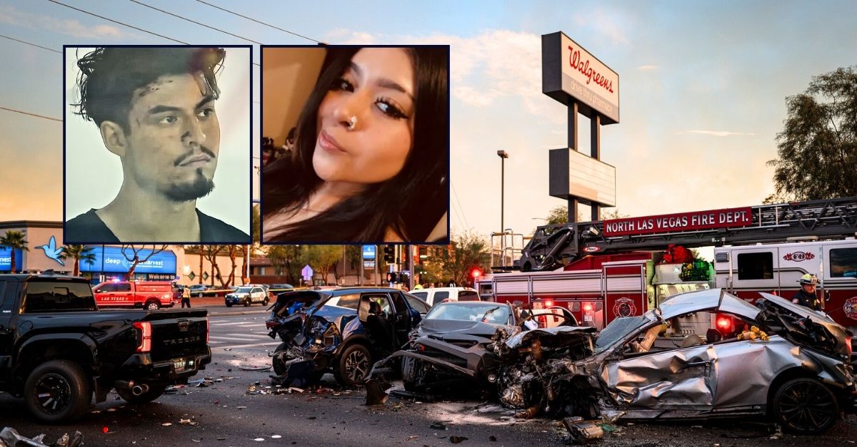 Left inset: Jose Gutierrez in court (KTNV/YouTube). Right inset: Adilene Rincon (GoFundMe). Background: The scene of the crash that Jose Gutierrez is accused of intentionally causing, which left his pregnant girlfriend Adilene Rincon dead (Las Vegas Metropolitan Police Department). 