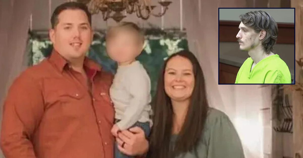 Main: Justin and Amber Hicks with their then-2-year-old son, Jacob (GoFundMe). Inset: Matthew S. Lanz in court during opening arguments on Nov. 17 (Law&Crime/YouTube).