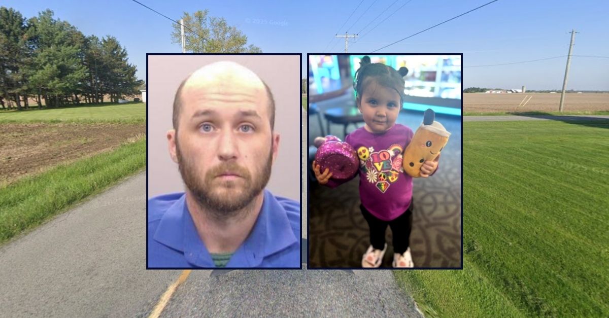 Left inset: Nicholas Stemen (Allen County Sheriff's Office). Right inset: Lillyanna Stemen (Harter and Schier Funeral Home). Background: The area in Allen County, Ohio, where Nicholas Stemen saved himself from a burning vehicle while leaving his 2-year-old daughter inside to die (Google Maps).