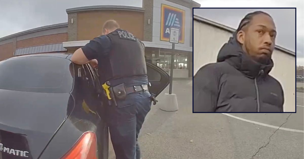 Inset: Dazshawn Richardson speaking to police after allegedly leaving his 1-year-old in the car to go shopping (Solon Police Dept.) Background: Officers retrieving Richardson