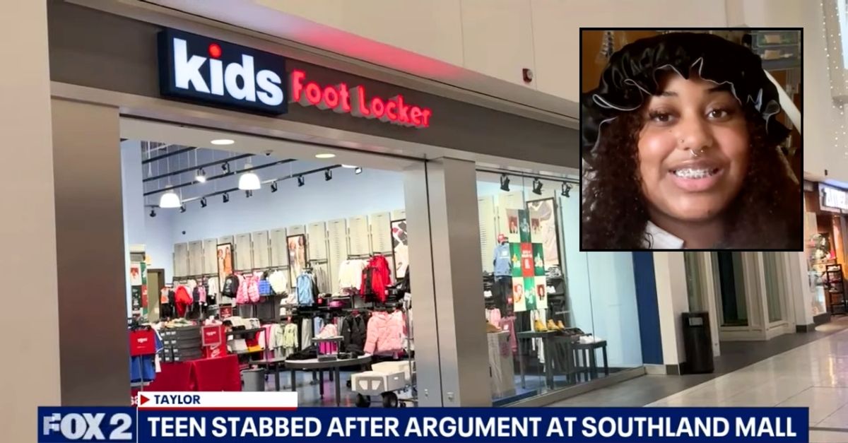 Inset: Suniya Jenkins (WJBK/YouTube). Background: The Kids Foot Locker at Southland mall in Michigan where Suniya Jenkins was allegedly stabbed by a 40-year-old woman after exchanging words with her over an attempted purchase (WJBK/YouTube).