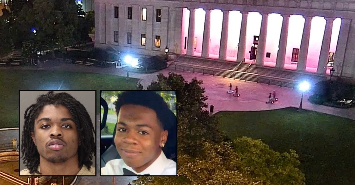 Left inset: Travon Robinson (Franklin County Sheriff's Office). Right inset: Broderick "BJ" Harper (GoFundMe). Background: Surveillance footage showing Broderick "BJ" Harper riding a scooter with three others in front of the Ohio Statehouse before he was gunned down by Travon Robinson (WBNS/YouTube).