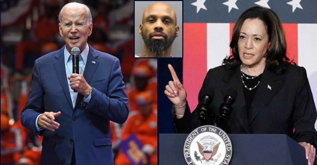 Left: US President Joe Biden speaks at Florida Memorial University on November 1, 2022 in Miami Gardens, Florida (mpi04/MediaPunch /IPX). Right: Vice President Kamala Harris speaks at a campaign event, Wednesday, July 17, 2024, in Kalamazoo, Mich. (AP Photo/Carlos Osorio). Inset: Kevin C. Butler (Roanoke County Sheriff's Office).