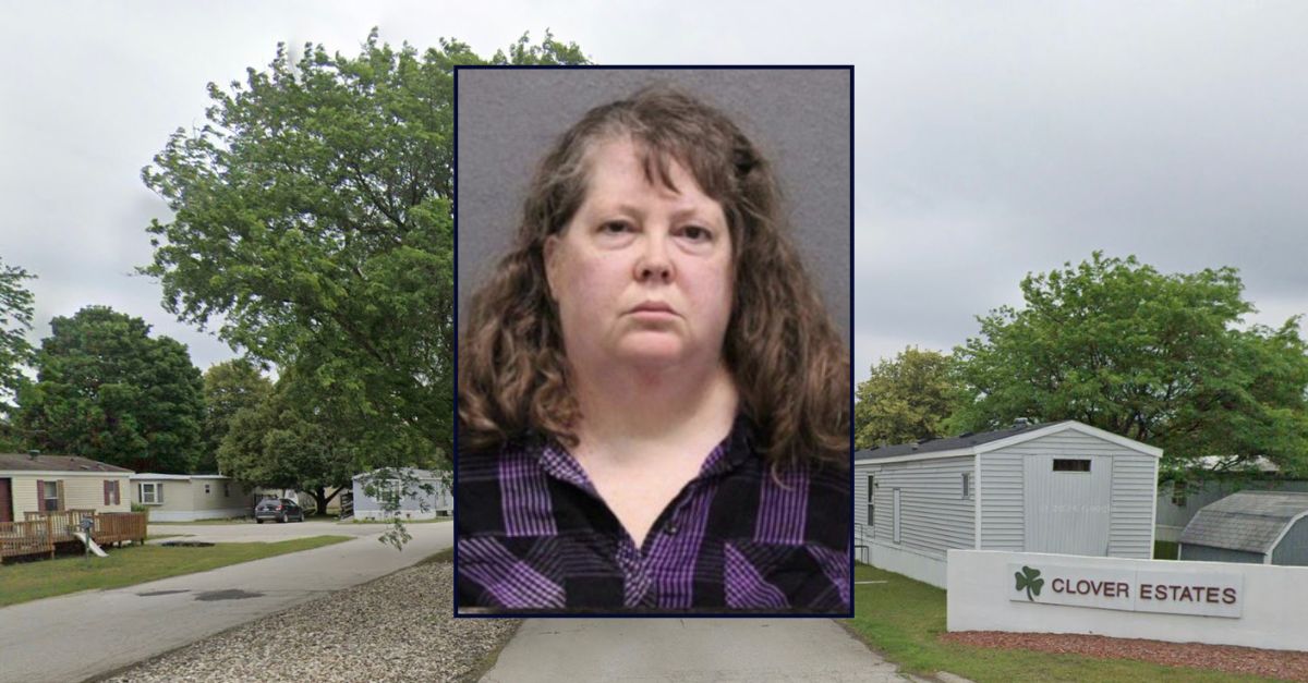 Inset: Sherry Leak (Muskegon County Sheriff's Office). Background: The Clover Estates Mobile Home Community in Michigan where Leak allegedly killed her adopted daughter (Google Maps).
