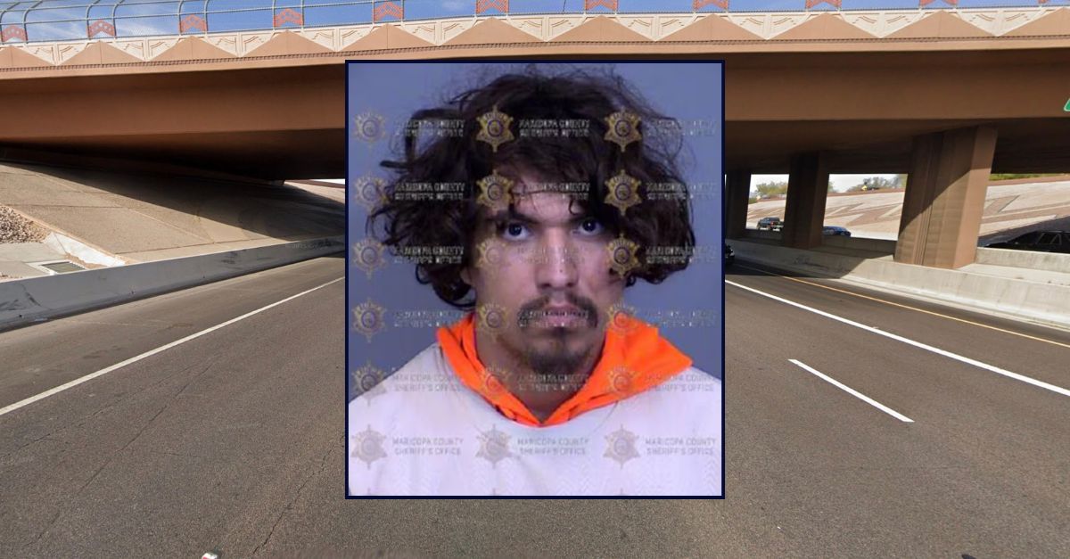 Inset: Rudy Sanchez (Maricopa County Jail). Background: The area in Arizona where Sanchez allegedly shot a female driver in a road rage incident (Google Maps).