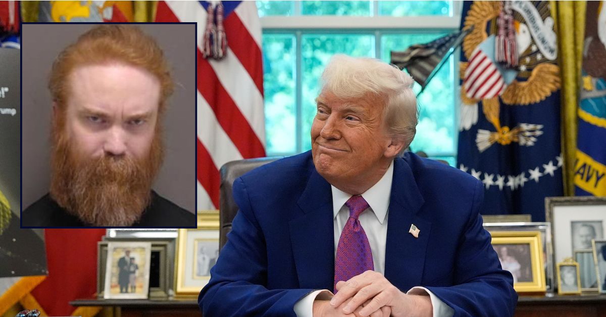 Main: President Donald Trump smiles as he speaks in the Oval Office of the White House, Tuesday, May 20, 2025, in Washington (AP Photo/Alex Brandon). Inset: Andrew W. Sandvik (Fargo Police Department).