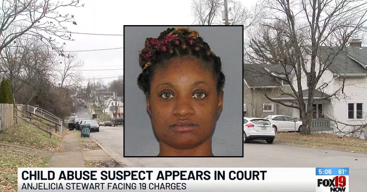 Inset: Anjelicia Stewart (Harris County Sheriff's Office). Background: The Cincinnati neighborhood where Anjelicia Stewart attempted to drown her three kids at home in a bathtub (WXIX/YouTube). 