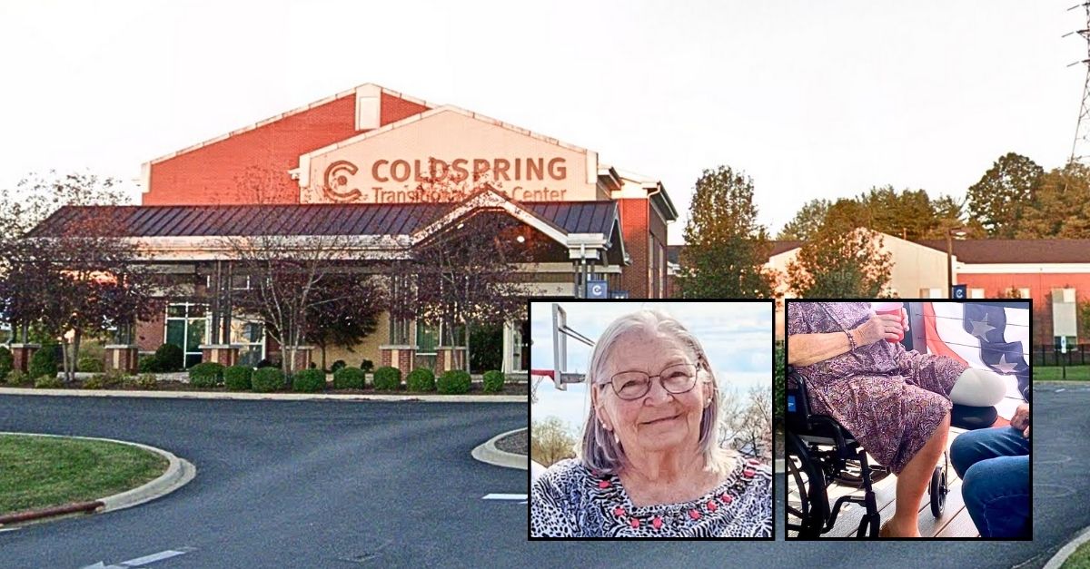 Insets: Brenda Roberts (Michael Hill Trial Law). Background: The Coldspring Transitional Care Center in Campbell County, Ky., where staff allegedly failed to follow orders from Brenda Roberts' orthopedic surgeon for the rehabilitation of her ankle fracture, leading to an amputated leg (Google Maps).
