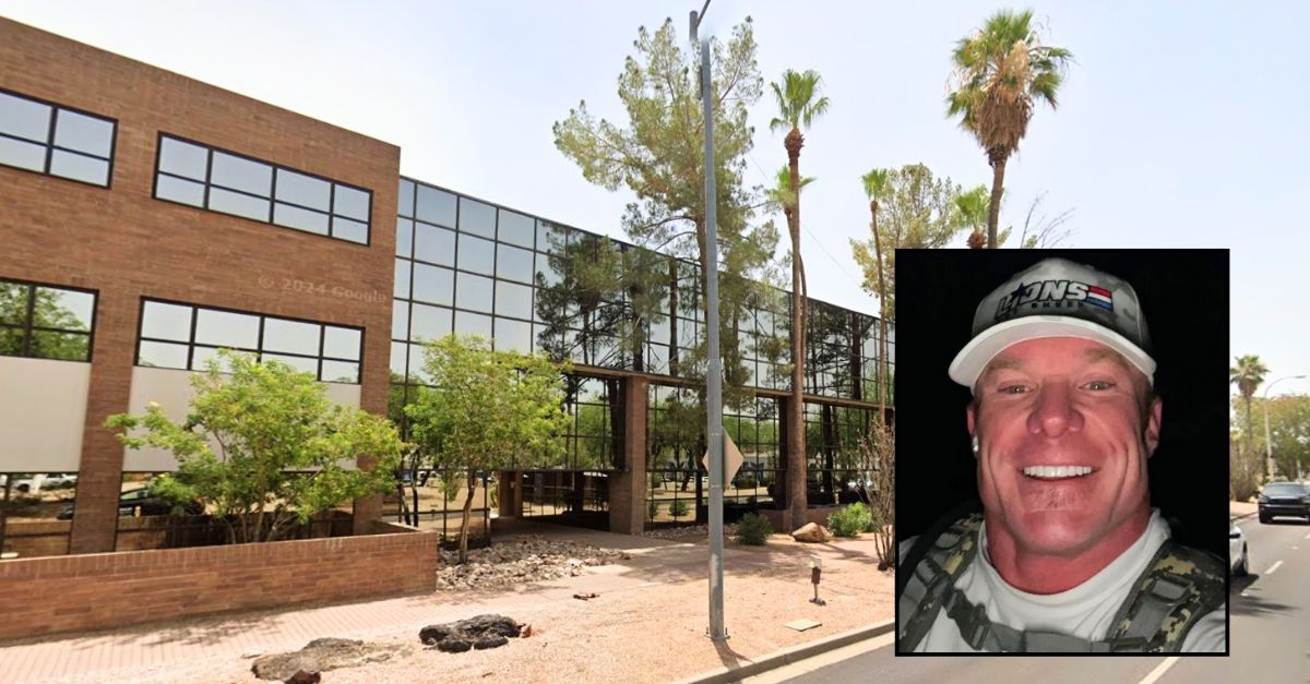 Inset: Derek Swanson (Facebook). Background: Scottsdale Facial and Oral Surgery in Arizona where Derek Swanson allegedly suffered a fatal brain injury while receiving anesthesia for a dental implant procedure (Google Maps).