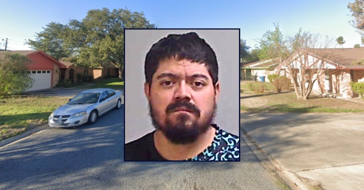 Inset: Guadalupe Granados (McAllen Police Department). Background: The 5700 block of North Broadway Avenue in McAllen, Texas, where Guadalupe Granados allegedly attacked and threatened his common-law wife before kidnapping their kids (Google Maps).