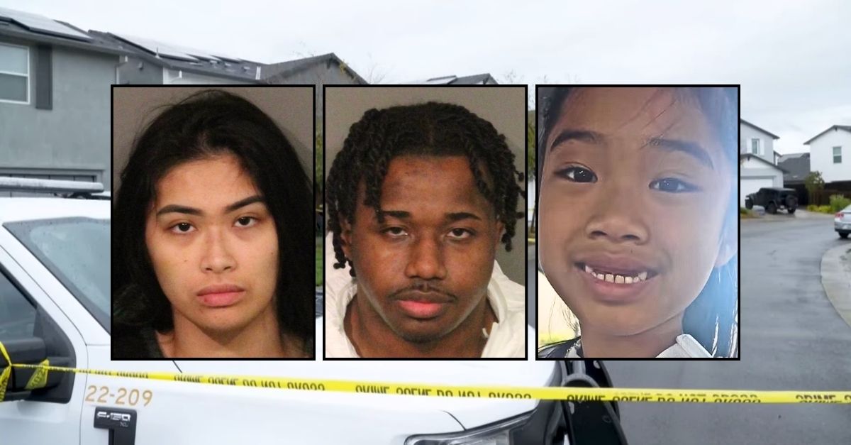 Insets, from left to right: Jessica Savangsy, Retuquel Dupree and Savangsy's 7-year-old daughter Adalynn (Placer County Sheriff's Office/KXTV/YouTube). Background: The California neighborhood where Jessica Savangsy and Retuquel Dupree allegedly killed Savangy's daughter, Adalynn (KXTV/YouTube).