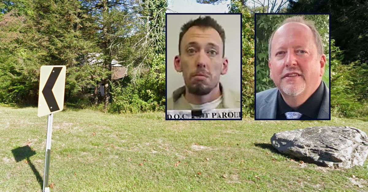 Kyle Meyer and Gregory Meyer appear inset, left to right, against an obstructed view of the house where Kyle killed Gregory.