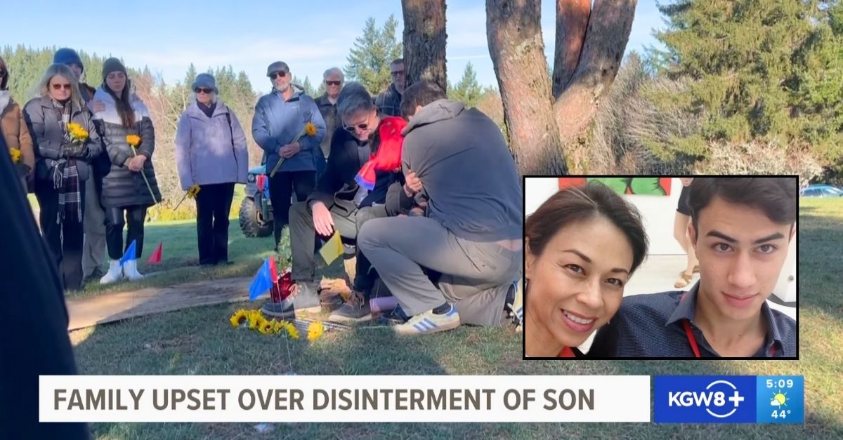 Inset: Paula Tin Nyo and her son Tyber Harrison (KGW/YouTube). Background: Paula Tin Nyo at the Oregon burial plot for her son, Tyber Harrison, before it started being dug up on Tuesday, Dec. 30, 2025 (KGW/YouTube).