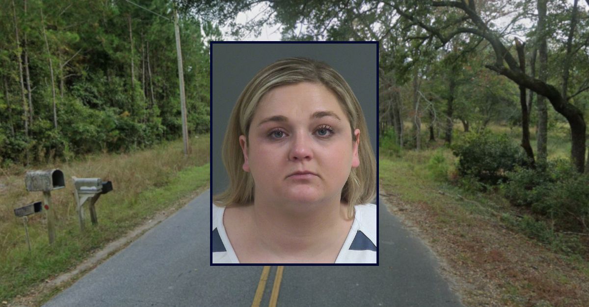 Phoebe Armstrong appears in a booking photo inset against an image of a road in South Carolina.