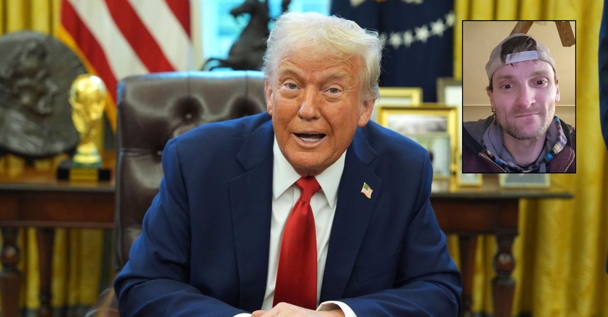 Background: President Donald Trump speaks after signing an executive order in the Oval Office of the White House, Monday, Feb. 3, 2025, in Washington (AP Photo/Evan Vucci). Inset: Tyler Leveque posts a statement to TikTok on Jan. 2, 2025 (TikTok). 