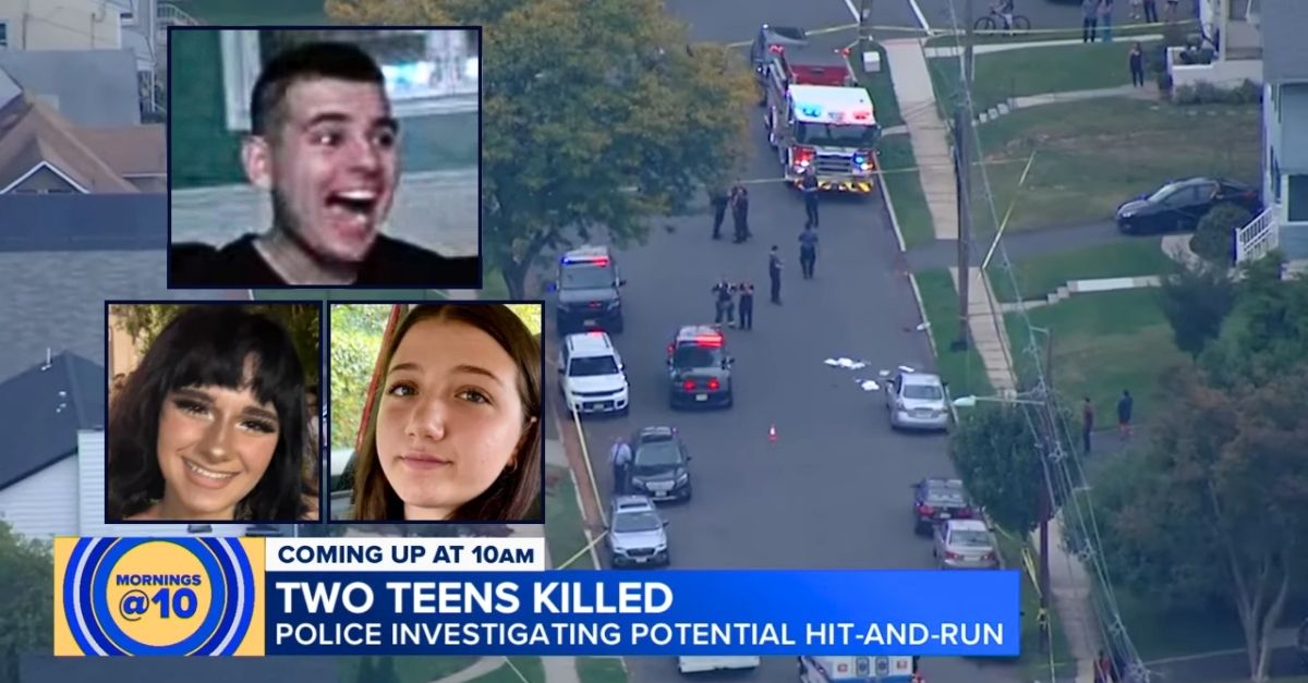 Top inset: Vincent Battiloro (YouTube/@VinnieBat118). Bottom insets, from left: Maria Niotis and Isabella Salas (GoFundMe). Background: The area where Maria Niotis and Isabella Salas were allegedly struck and killed by Vincent Battiloro on Monday, Sept. 29, in New Jersey (WABC/YouTube).